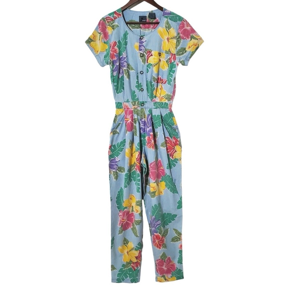 Vintage Liz Sport 1980s Tropical Floral Chambray Jumpsuit 0 Petite
